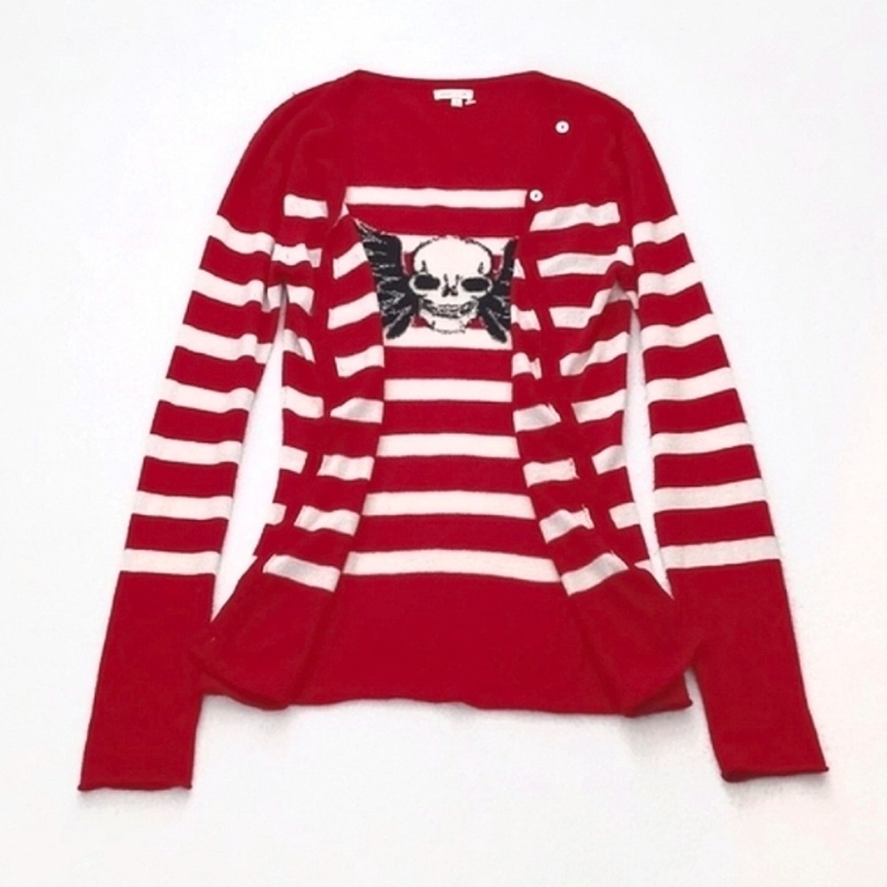 Yacht Club Cashmere & Silk Red White Stripe Long Sleeve Cardigan w/ Skull S
